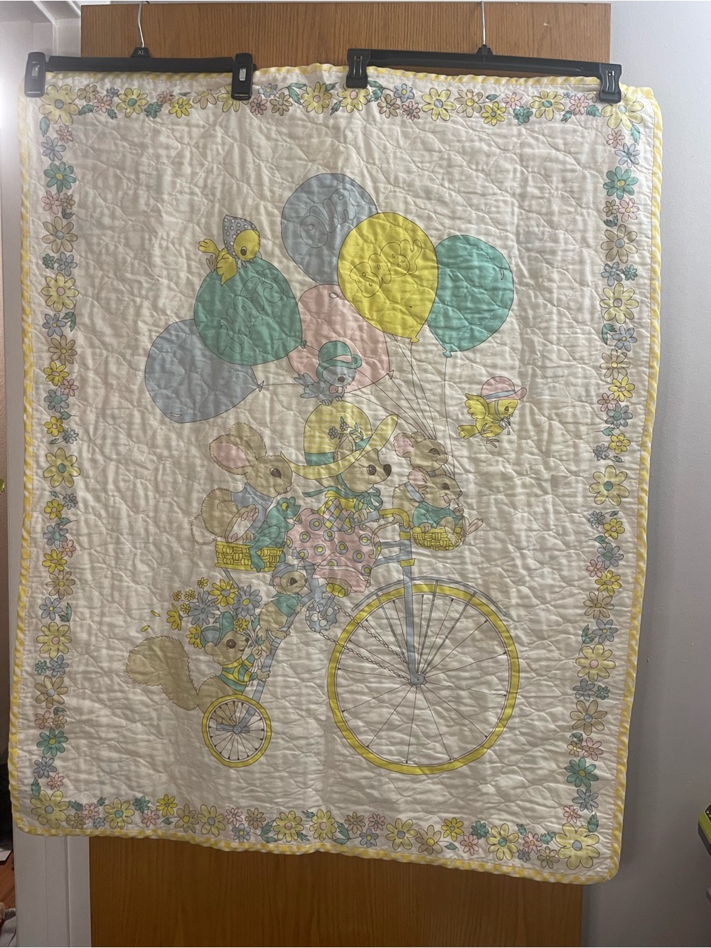 Vintage Thats Our Baby Bunny Bicycle Balloons Quilted Nursery Blanket Crib Quilt